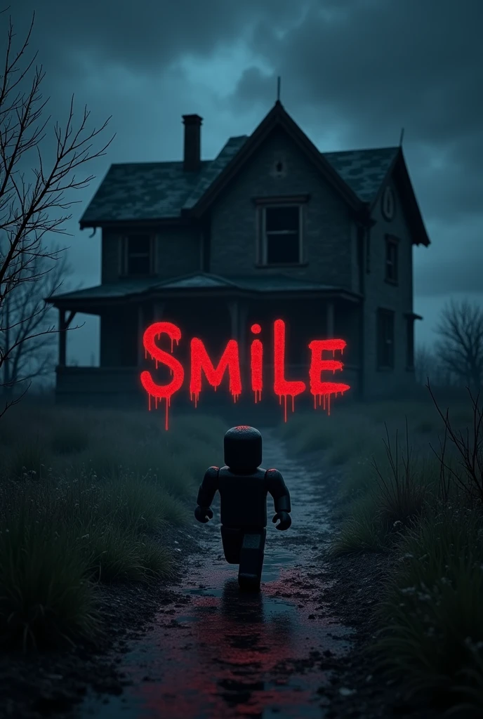 Create me a text without a background, and in the text it says Smile and in the Horror style it says scary and below the text it says a Roblox player running scared, In the background, put an abandoned house and make it realistic at night and make it dark, make it 512x high and 512x wide.