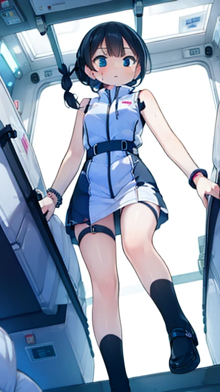 (Highest quality), (masterpiece), 1080P, High resolution, 4K, 8k, Inside the space station、Futuristic room、Thigh straps, Shooting from directly below, The woman on top of me, 白いSweat, Covered , Sweat, Woman looking down, Skirt swimsuit, Thigh-high socks, To achieve this, , , whole body, Black leather shoes, Braided hair, Inner Color, Embarrassed face, Short black hair, bracelet, Bedroom,celestial body_Vest
