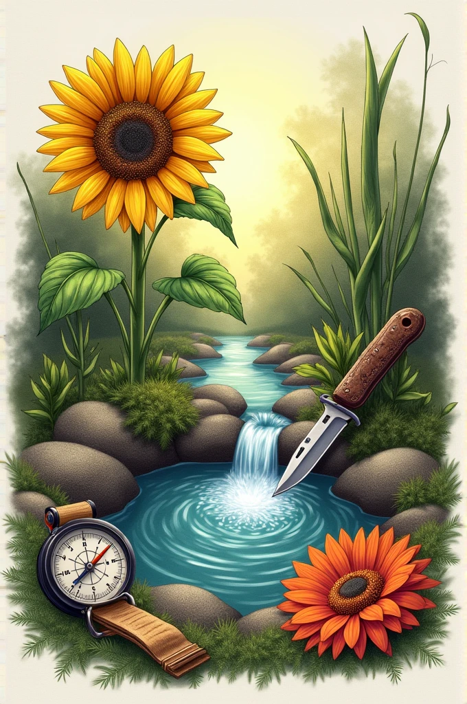 Make a combined drawing that has a sunflower, a spring, a compass, a knife and a gerbera