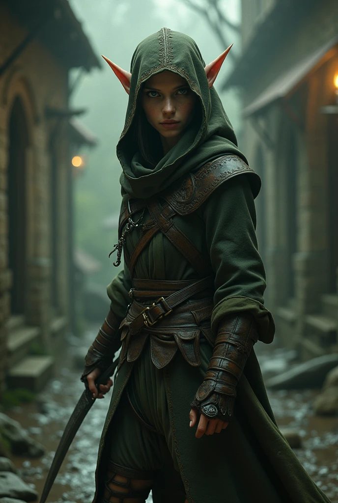 A rogue elf from the Middle Ages, man and a dagger and the rest you choose