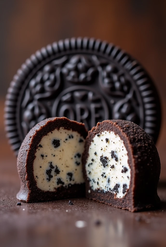Oreo truffle cut in half, with the Oreo logo in the background
