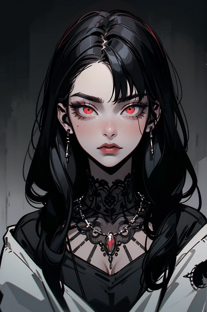 Goth girl 1girl, solo, long hair, looking at viewer, red eyes, jewelry, necklace, makeup, lipstick, black background, portrait, glowing eyes, by vergvoktre, dramatic, gritty, intense, distorted face, nightmare, intricate details, hyperdetailed, cinematic, dark shot, film grainy, soothing tones, muted colors, technicolor BREAK outdoors, twilight, raytracing BREAK d4rk4rt artstyle, monochrome, greyscale
