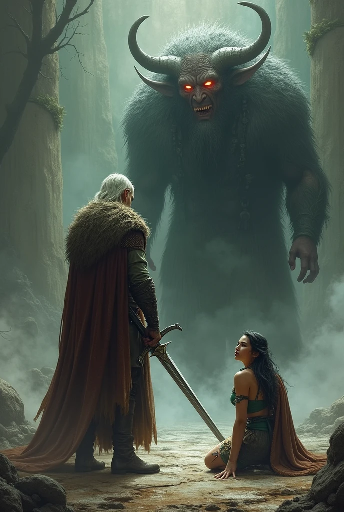 "In a scene of tension and heroism, An elven swordsman bravely stands between his satyr friend and the enemy.. The satyr, weakened, is on his knees on the ground, looking with gratitude at the back of his protector. the elf, with a determined look, He is about to unsheathe his sword, ready to face the adversary that threatens to defeat them. The image captures the moment just before the battle, with an atmosphere full of drama and camaraderie."