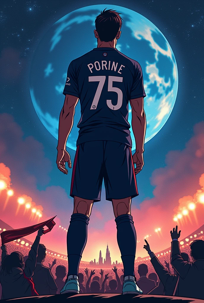 Un joueur de football de dos en manga dans l'espace qui porte le maillot du paris saint germain avec le numero 75 avec des représentations des la ville de Paris qui réfléchit et qui se çoncentre en pensant à la ligue des champions et aux ennemis qui devra combattre pour arriver à son objectif avec en arrière plan, des supporters brandissant des echarpes auteuil et des fumigènes