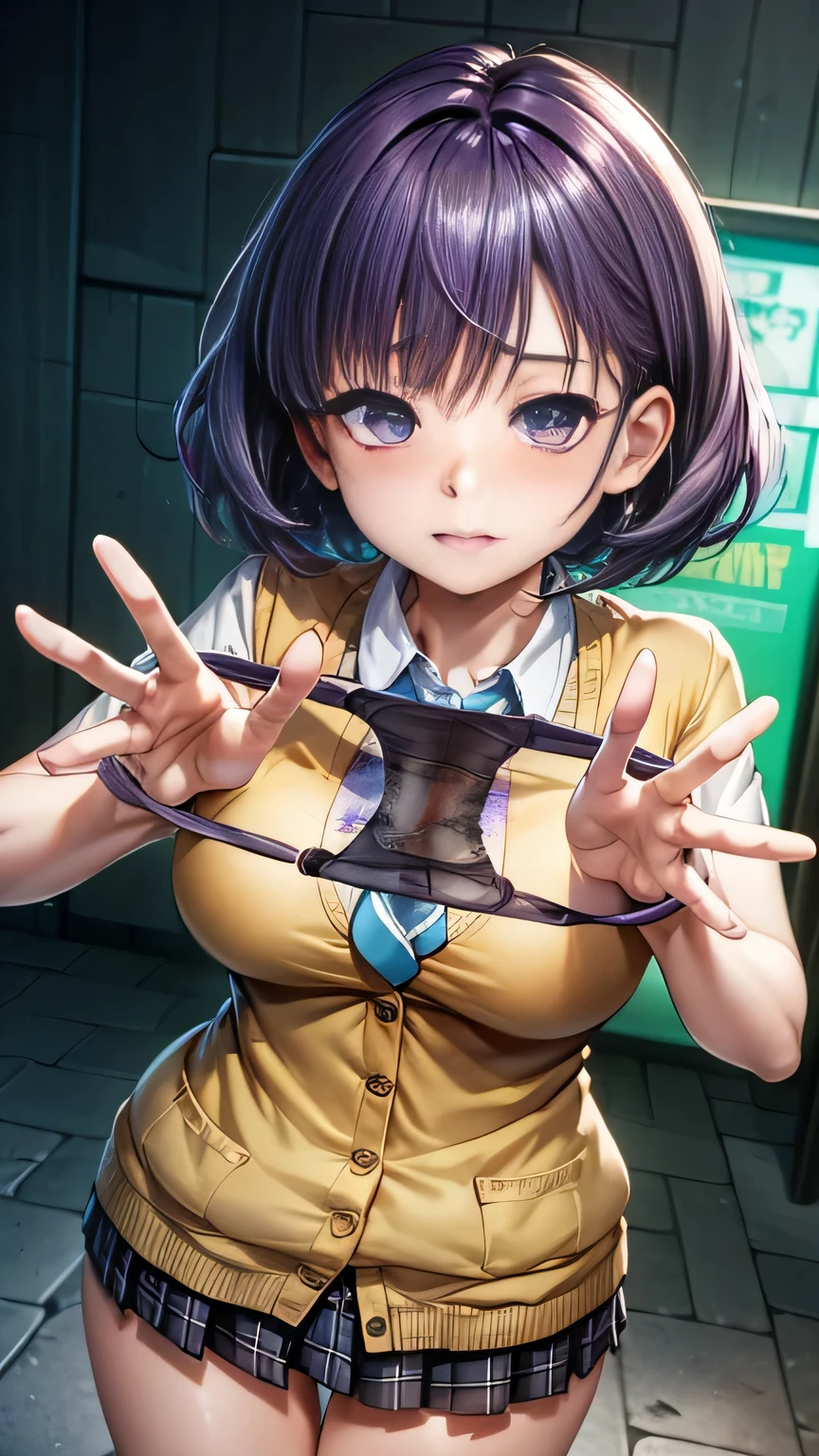 (Very detailed CG Unity 8K wallpaper),(masterpiece), (Highest quality), (Very detailed), (Best illustrations),(Best Shadow)、Large Breasts、crowd、Embarrassed and blushing。Purple eyes and very short purple hair、White blouse、Blue tie、Checked he is spreading her underwear open with both hands to show it off(Underwear with stains)、Beige cardigan、Dynamic Angle