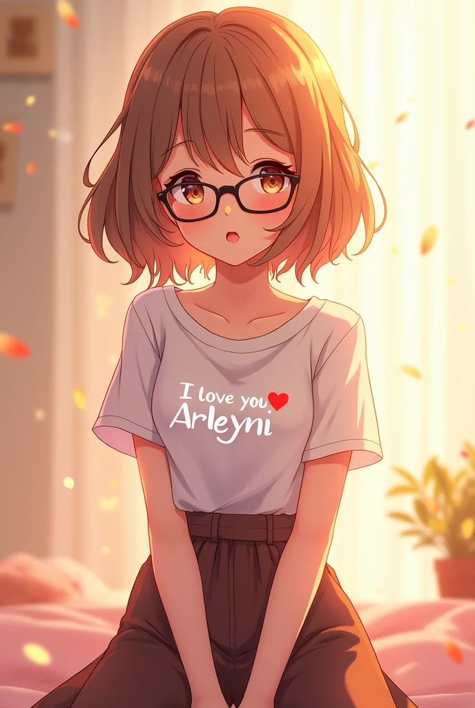 Generate an image that says I love you arleyni, with an anime girl in the background with the characteristics: Brown hair, with glasses, with a culotte