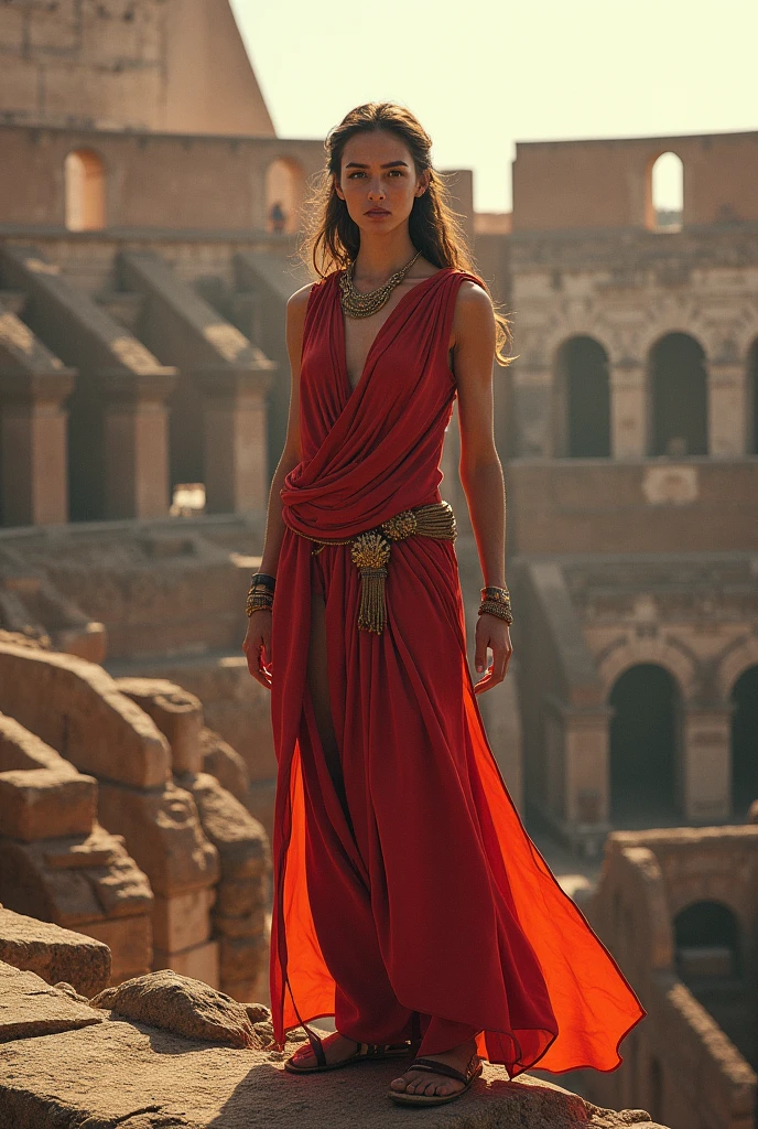 (((Emma Watson))) ((long hair:2.0, big breast:1.6)), ((Cassandra The Scorpion king dress)), (forced collective sex, sex slave), (Red slit), split cloth, ((tied realistic hands and feet)). desert palace in background