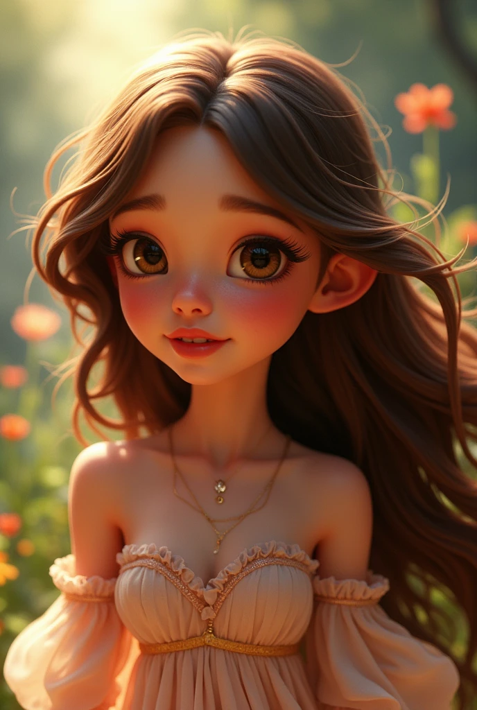 A girl with brown hair and long eyelashes red lips Disney Pixar 