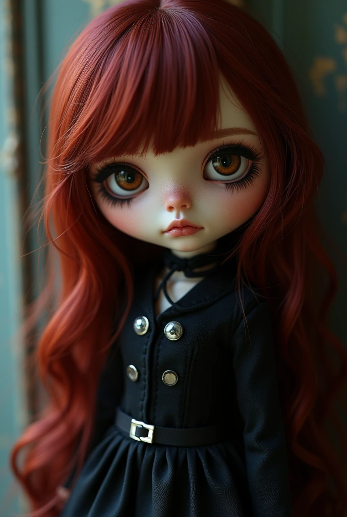 Blythe doll with dark red hair with side bangs on the left and chest length hair, light brown eyes and pale brown skin and emo style