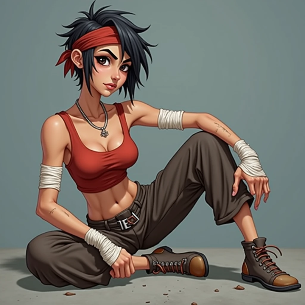 Tanned skin, very short black hair in messy layers, wears a red bandana, has dominant black eyes, thick eyebrows, athletic body (she goes to the gym), always hurt knuckles, wears a red top, baggy pants and bandages on her arms, and cone-type shoes.