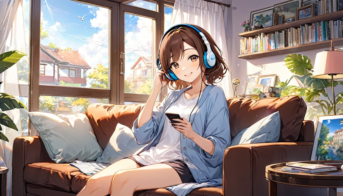 (Brown haired woman wearing headphones), (Relax in the living room listening to background music), (Very detailed, masterpiece, Highest quality, bright), (Anime Style)
background: Wide々A relaxed living room look: Happy smiling costume: Relaxed casual clothing pose: Sit comfortably on the sofa、Scene of a person holding a remote control in one hand: An afternoon surrounded by light streaming in through the window and soothing music