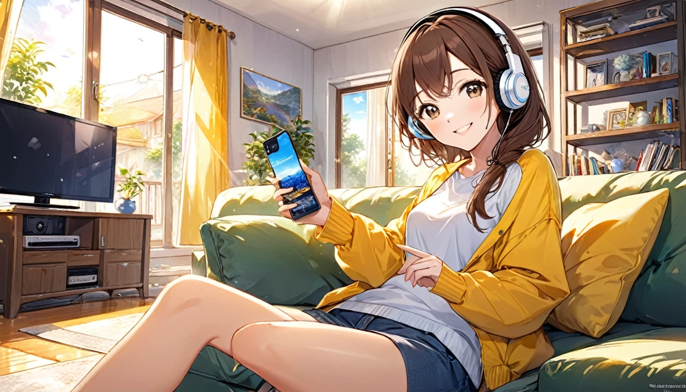 (Brown haired woman wearing headphones), (Relax in the living room listening to background music), (Very detailed, masterpiece, Highest quality, bright), (Anime Style)
background: Wide々A relaxed living room look: Happy smiling costume: Relaxed casual clothing pose: Sit comfortably on the sofa、Scene of a person holding a remote control in one hand: An afternoon surrounded by light streaming in through the window and soothing music
