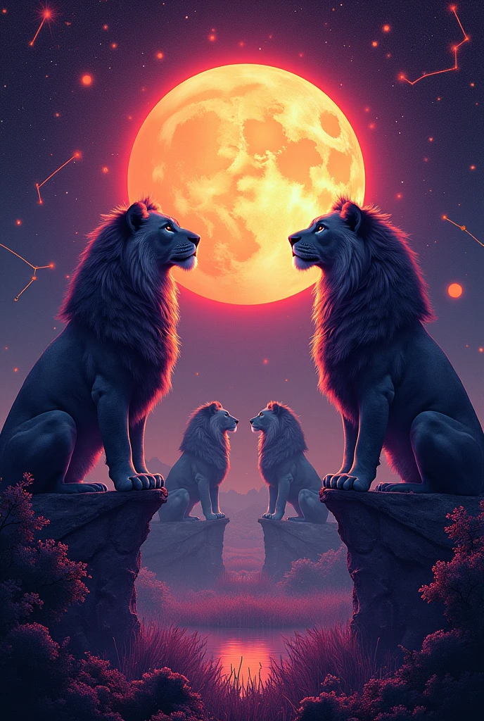 Draw a gothic sun with surreal lionesses around it with a dark purple background and surreal pop art constellations with a description at the bottom outside the image with a black background and gothic type letters that says you find strength in yourself because you are a brave and valuable woman, Today will surely be a great day in Spanish