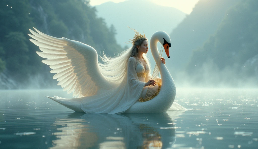 A goddess named Kinnara, half woman and half bird, floating out of the waters of an almost frozen river playing his golden celestial stringed instrument. Emphasizing its bird characteristics, with discreet wings and a crown of swan wings. She has her legs showing through her dress. The scene is almost frozen, and she is in the foreground. In a very dramatic oriental aesthetic. 