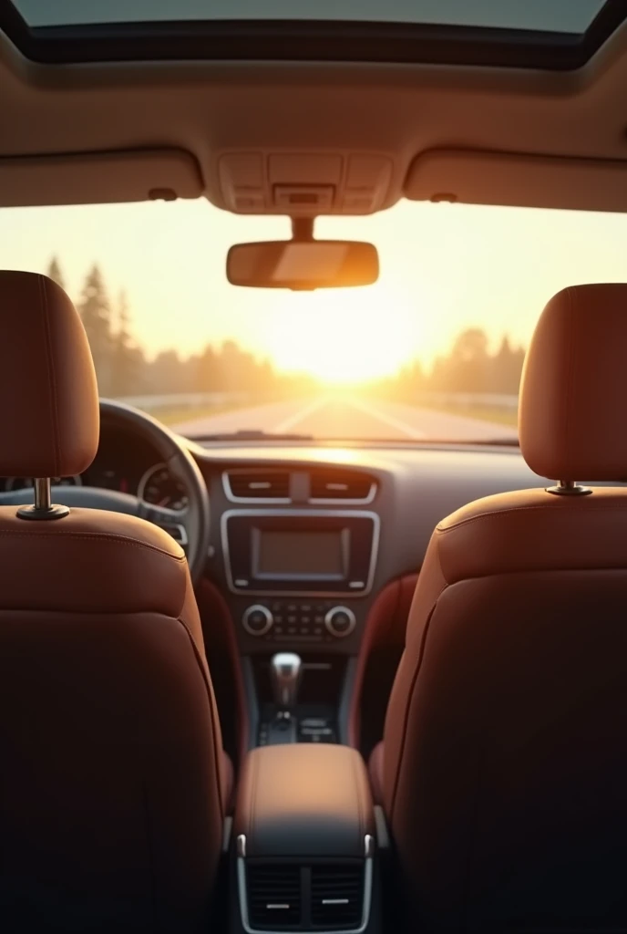 generate a photo of the inside a car interior background, that can be used for a pc webcam background. With picture focus on the rear view, facing the back seat. Make background look very natural and realistic. landscape orientation