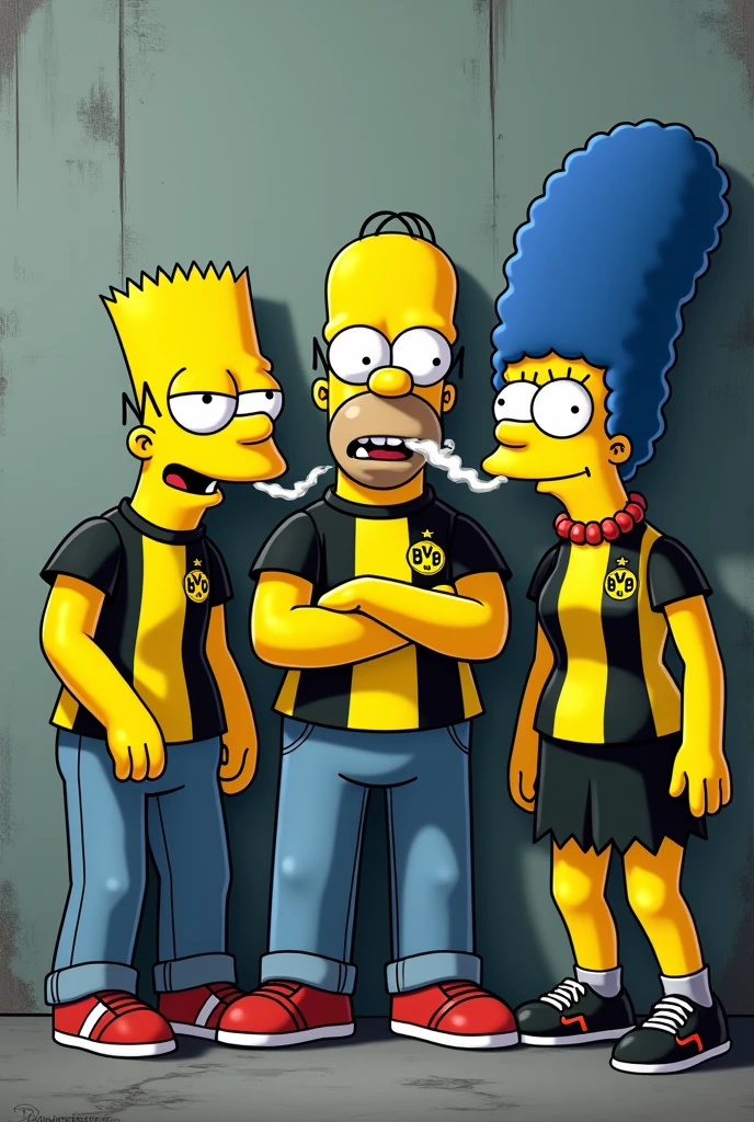 Make an image of several Simpsons characters and make it look like Nelson and his gang leaning against the wall smoking an electronic cigarette with the Borussia Dortmund shirt on and making them look like thugs.