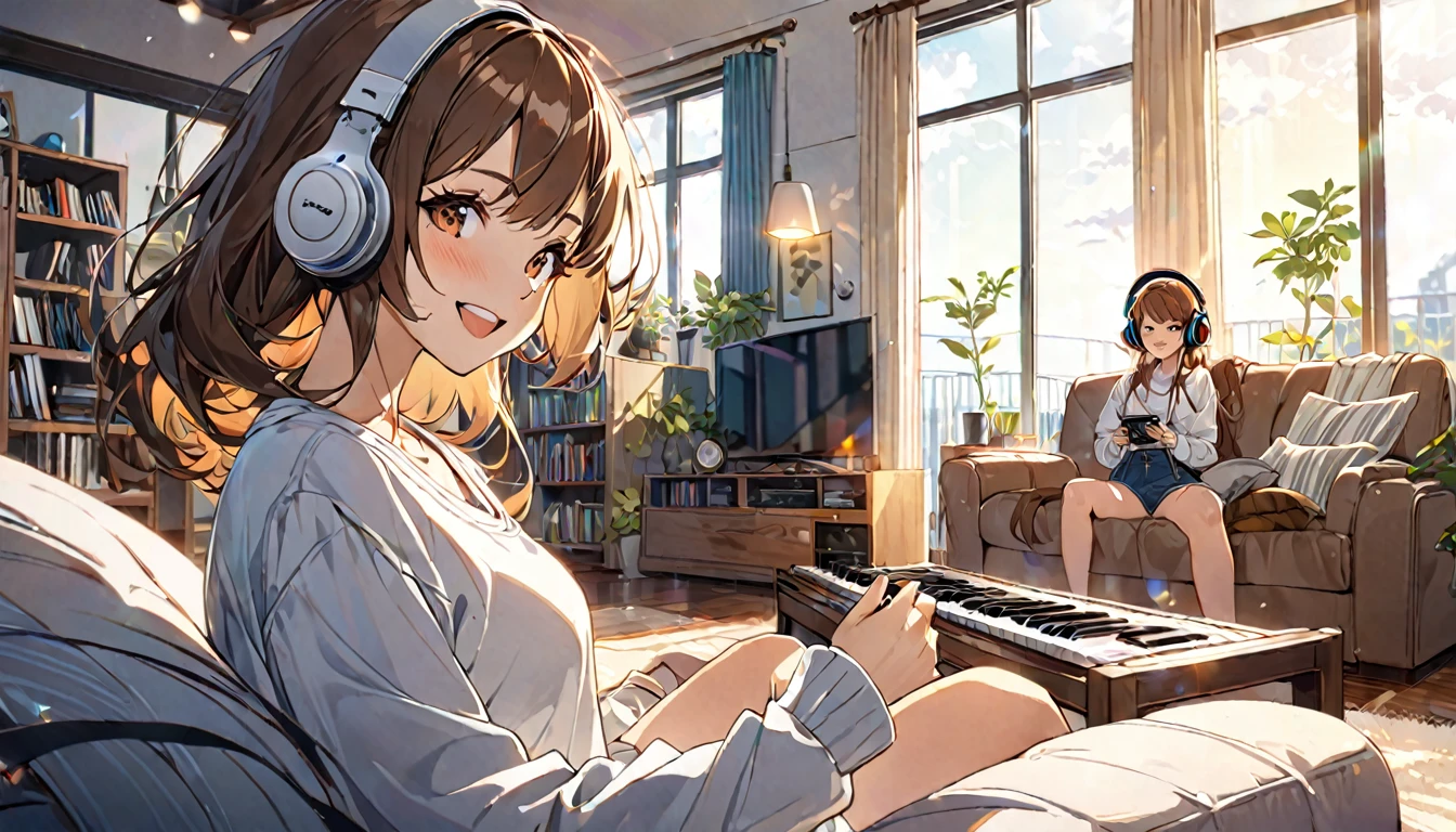 (Brown haired woman wearing headphones), (Relax in the living room listening to background music), (Very detailed, masterpiece, Highest quality, bright), (Anime Style)
background: Wide々A relaxed living room look: Happy smiling costume: Relaxed casual clothing pose: Sit comfortably on the sofa、Scene of a person holding a remote control in one hand: An afternoon surrounded by light streaming in through the window and soothing music