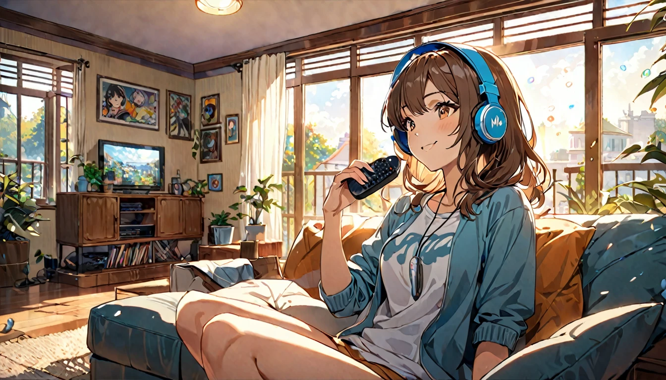 (Brown haired woman wearing headphones), (Relax in the living room listening to background music), (Very detailed, masterpiece, Highest quality, bright), (Anime Style)
background: Wide々A relaxed living room look: Happy smiling costume: Relaxed casual clothing pose: Sit comfortably on the sofa、Scene of a person holding a remote control in one hand: An afternoon surrounded by light streaming in through the window and soothing music