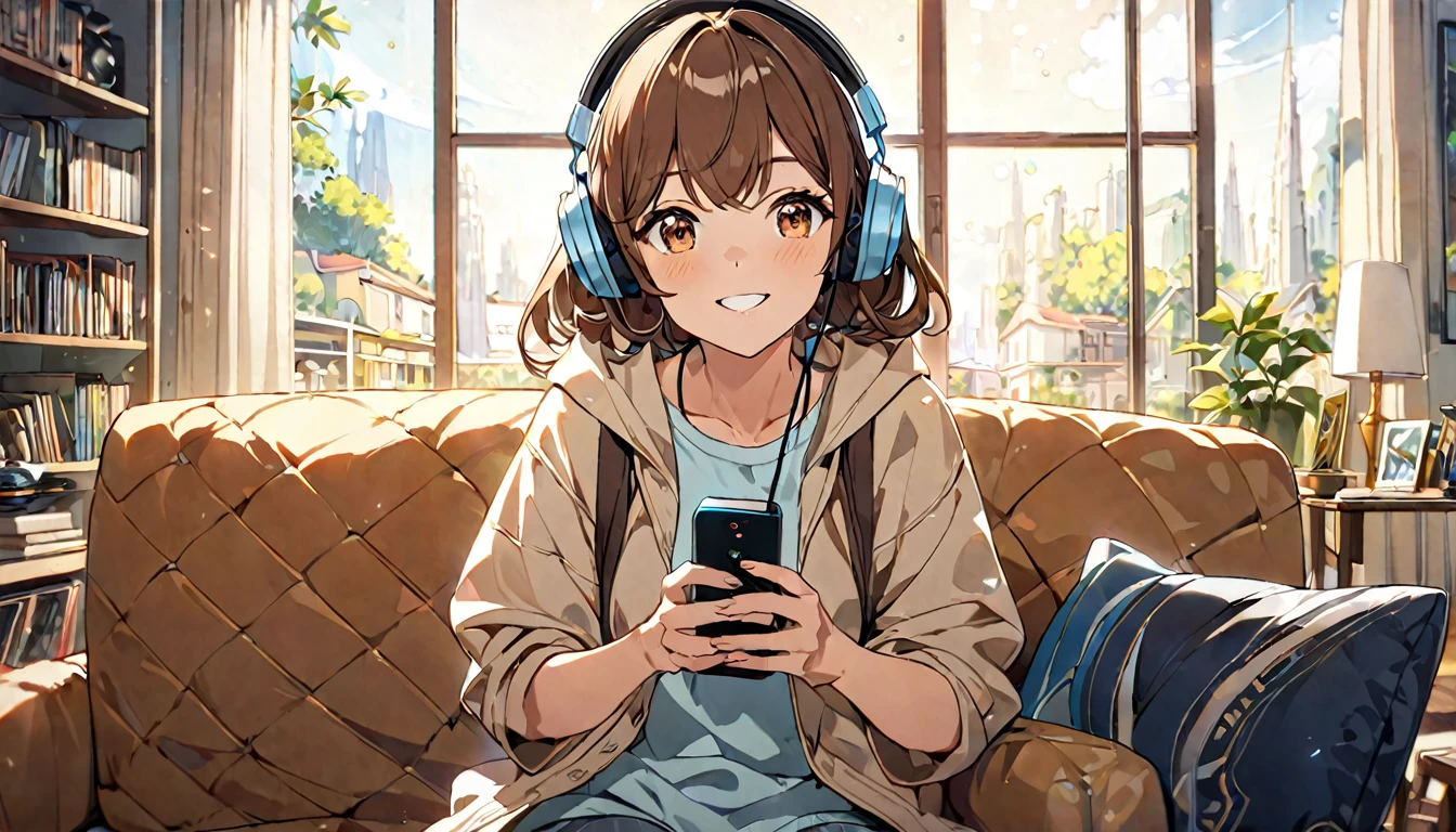 (Brown haired woman wearing headphones), (Relax in the living room listening to background music), (Very detailed, masterpiece, Highest quality, bright), (Anime Style)
background: Wide々A relaxed living room look: Happy smiling costume: Relaxed casual clothing pose: Sit comfortably on the sofa、Scene of a person holding a remote control in one hand: An afternoon surrounded by light streaming in through the window and soothing music
