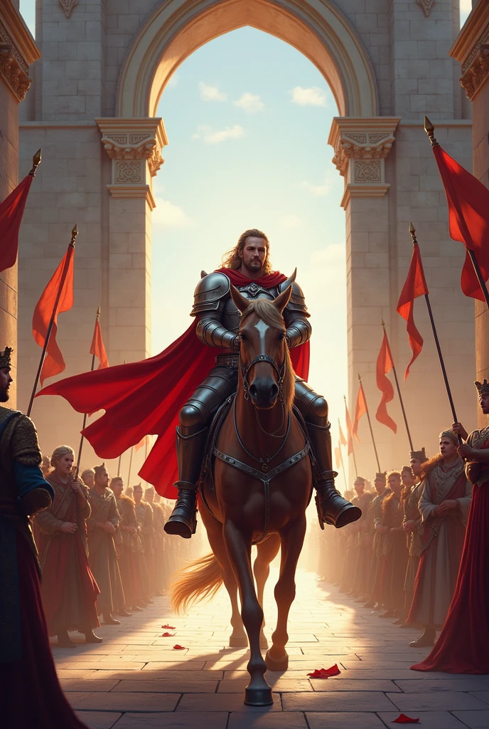 Can you make me a hero arriving at the kingdom and being greeted by many people, especially the king and queen and princess inside the kingdom at the entrance?