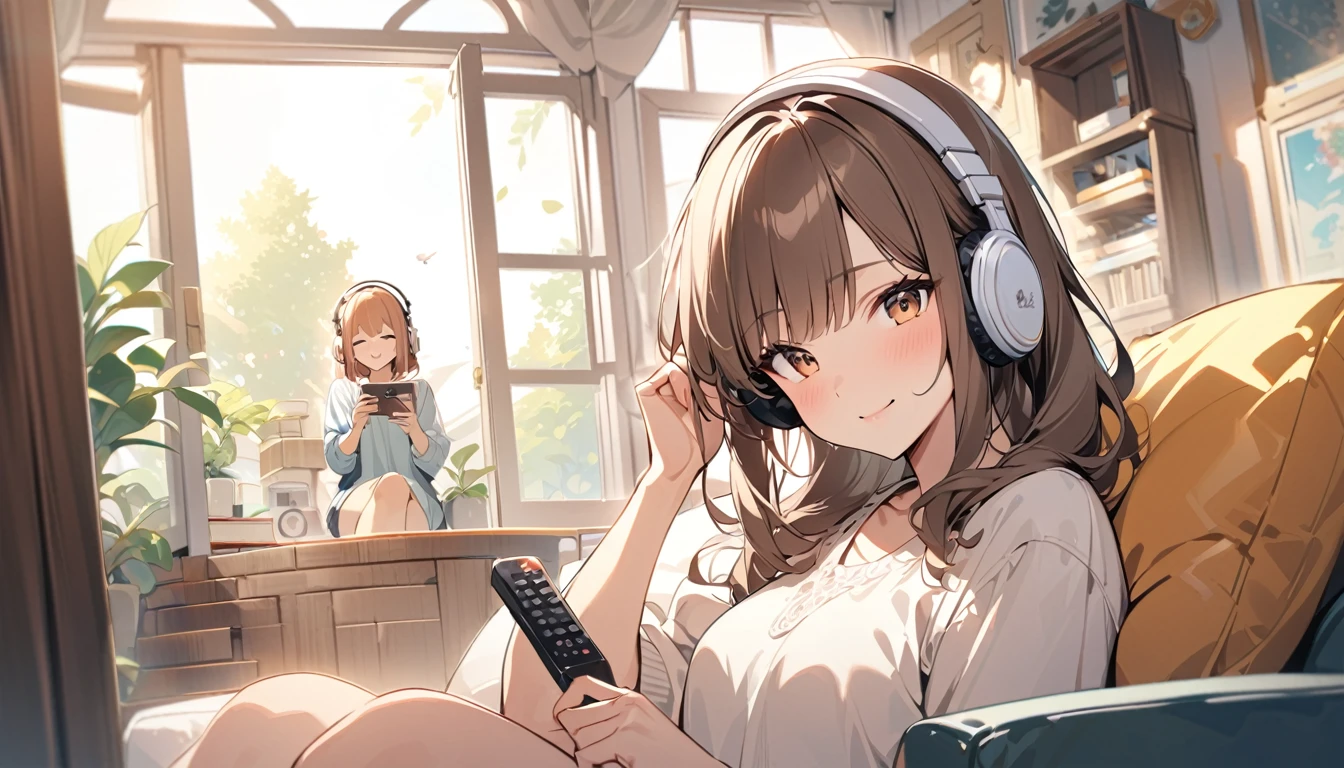 (Brown haired woman wearing headphones), (Relax in the living room listening to background music), (Very detailed, masterpiece, Highest quality, bright), (Anime Style)
background: Wide々A relaxed living room look: Happy smiling costume: Relaxed casual clothing pose: Sit comfortably on the sofa、Scene of a person holding a remote control in one hand: An afternoon surrounded by light streaming in through the window and soothing music