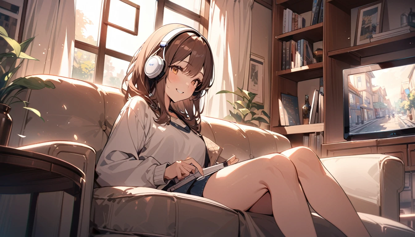 (Brown haired woman wearing headphones), (Relax in the living room listening to background music), (Very detailed, masterpiece, Highest quality, bright), (Anime Style)
background: Wide々A relaxed living room look: Happy smiling costume: Relaxed casual clothing pose: Sit comfortably on the sofa、Scene of a person holding a remote control in one hand: An afternoon surrounded by light streaming in through the window and soothing music