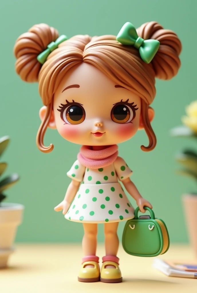 Create a 3D Polly Pocket miniature doll figure standing casually with a green purse in her hand. Character [clear skin ," with mole near left eye light brown eyes , Hair tied up in two buns on the sides, brown with waves at the ends, with a green bow, with a white dress with green dots and a pink linen scarf around her neck 
