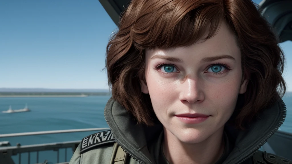 Lieutenant Lila Hawke, with a forced smile, makes a joke to ease the tension on the bridge. Her eyes, however, reveal the concern she is trying to hide. In the background, the crew watches the screen, where a countdown marks the approach of danger.