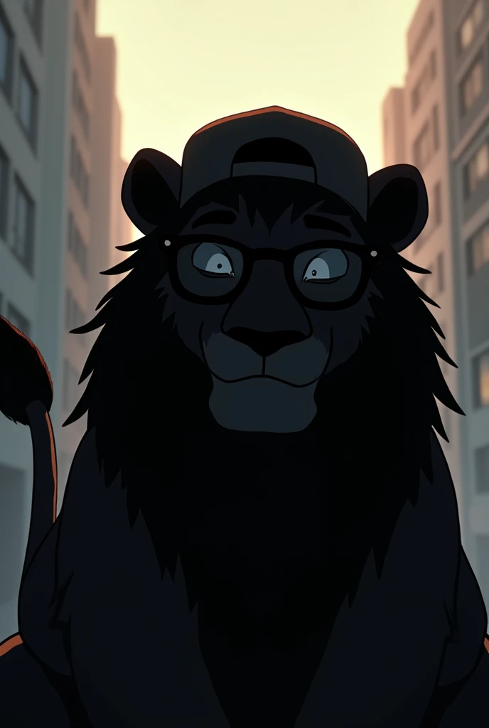 Silhouette of only the front face of an animated lion with an urban flow with dark glasses and a backwards cap transmits tranquility  