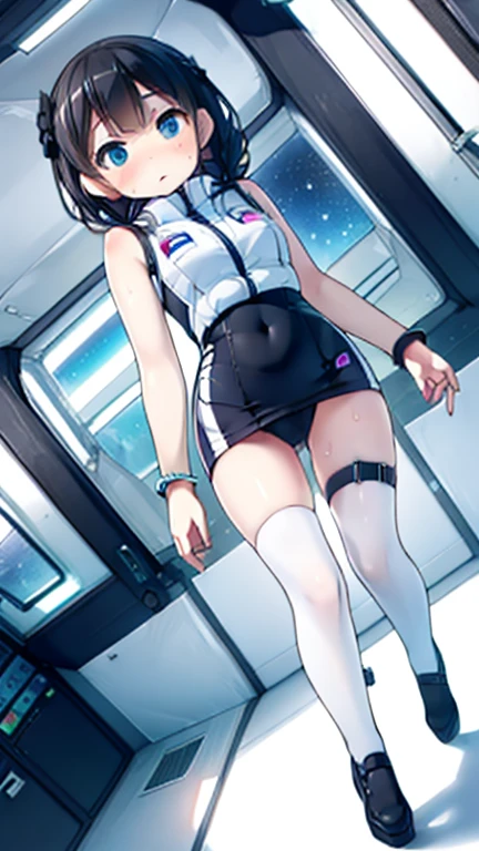 (Highest quality), (masterpiece), 1080P, High resolution, 4K, 8k, Inside the space station、Futuristic room、Thigh straps, Shooting from directly below, The woman on top of me, 白いSweat, Covered , Sweat, Woman looking down, Skirt swimsuit, Thigh-high socks, To achieve this, , , whole body, Black leather shoes, Braided hair, Inner Color, Embarrassed face, Short black hair, bracelet, Bedroom,celestial body_Vest
