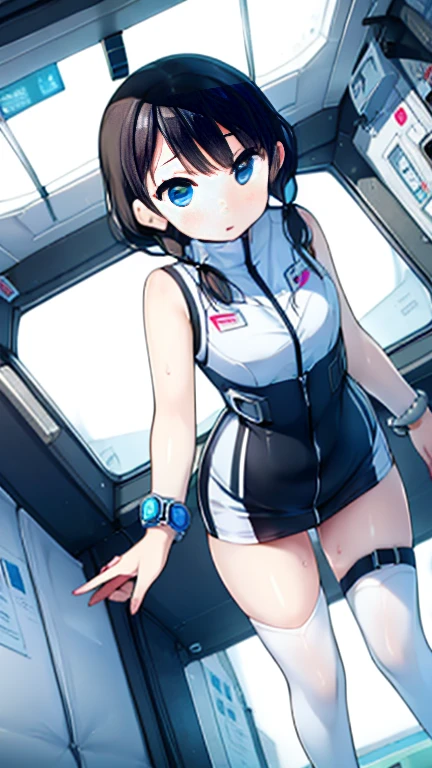 (Highest quality), (masterpiece), 1080P, High resolution, 4K, 8k, Inside the space station、Futuristic room、Thigh straps, Shooting from directly below, The woman on top of me, 白いSweat, Covered , Sweat, Woman looking down, Skirt swimsuit, Thigh-high socks, To achieve this, , , whole body, Black leather shoes, Braided hair, Inner Color, Embarrassed face, Short black hair, bracelet, Bedroom,celestial body_Vest