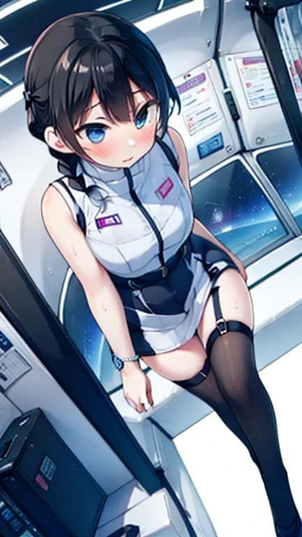 (Highest quality), (masterpiece), 1080P, High resolution, 4K, 8k, Inside the space station、Futuristic room、Thigh straps, Shooting from directly below, The woman on top of me, 白いSweat, Covered , Sweat, Woman looking down, Skirt swimsuit, Thigh-high socks, To achieve this, , , whole body, Black leather shoes, Braided hair, Inner Color, Embarrassed face, Short black hair, bracelet, Bedroom,celestial body_Vest
