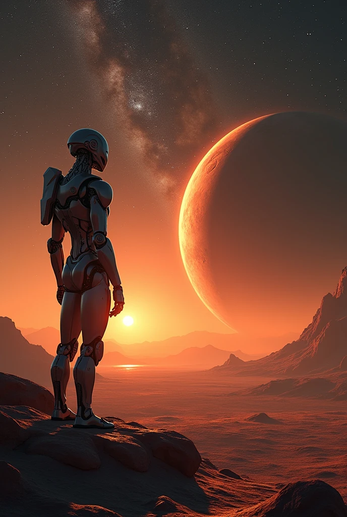 Based on images obtained by the NASA space agency, sunset seen on the planet Pluto and with the perspective of the milky way seen by a human robot and with an image with an escape plan applying pi calculation