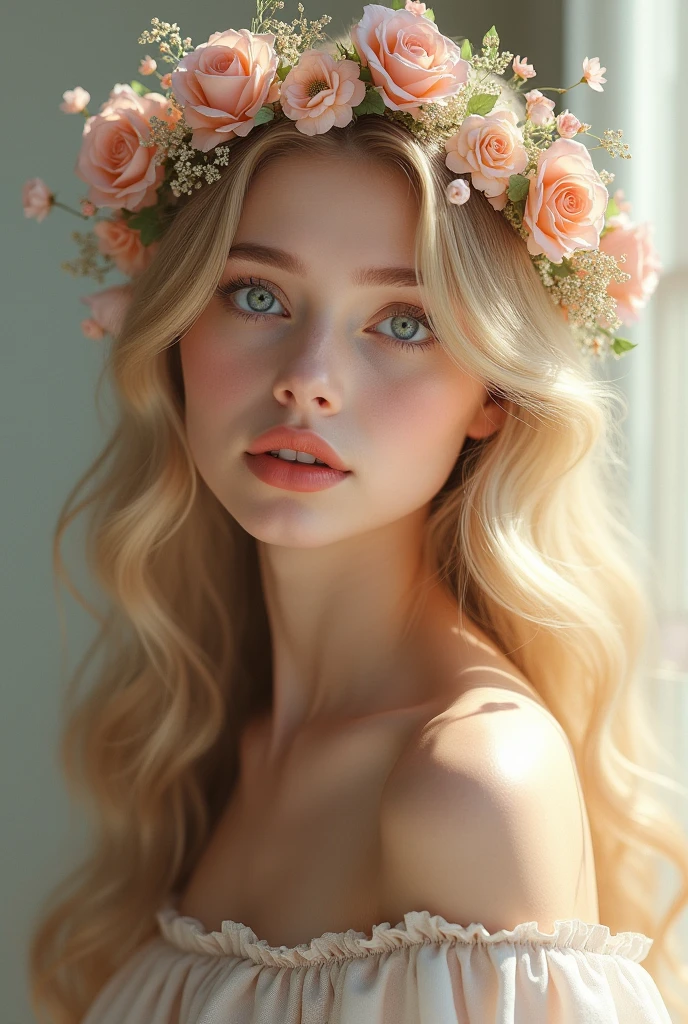 A beautiful blonde girl, detailed portrait, long wavy hair, piercing blue eyes, delicate facial features, porcelain skin, serene expression, graceful pose, intricate floral crown, soft lighting, pastel color palette, cinematic composition, dreamlike atmosphere, masterpiece, 8k, ultra-detailed, photorealistic