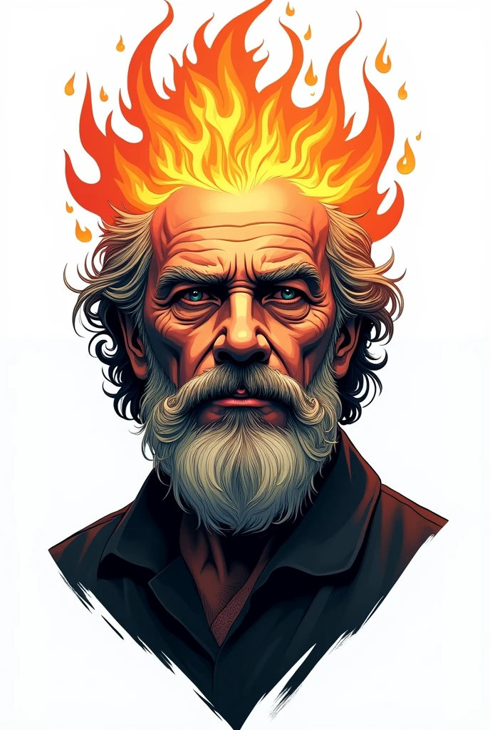 Draw a 45 year old man with a pointed beard and a mustache with curly ends, has a large crown of fire.
In 1 single color, white background and black lines, for a logo