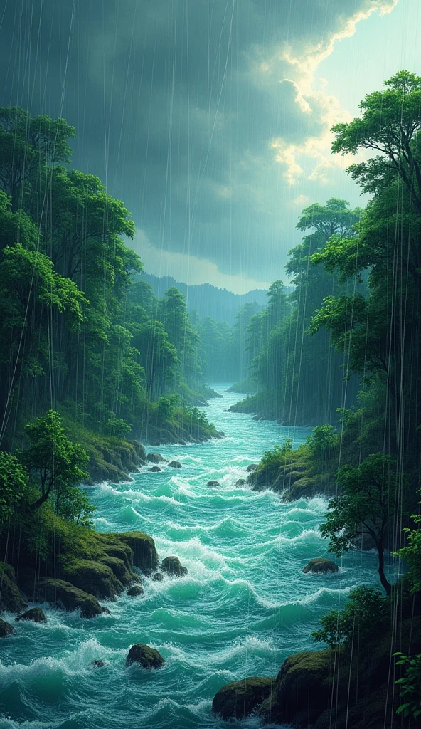 A dramatic digital illustration of a flood affecting a vibrant, green forest. The scene shows the once-verdant forest now inundated with water, with trees partially submerged and floating debris scattered across the surface. The floodwaters are depicted as swirling and churning, with a sense of movement and power. The background features dark, stormy clouds and heavy rain, enhancing the intensity of the situation. The art style is inspired by dramatic landscape illustrations, with bold colors, dynamic brushstrokes, and a focus on the contrast between the lush green forest and the encroaching floodwaters, emphasizing the impact of the natural disaster.