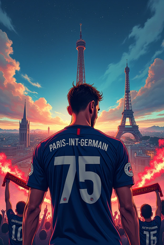 Un joueur de football de dos en manga dans l'espace qui porte le maillot du paris saint germain avec le numero 75 sans nom avec des représentations des la ville de Paris qui réfléchit et qui se çoncentre en pensant à la ligue des champions et aux ennemis qui devra combattre pour arriver à son objectif avec en arrière plan,  des supporters brandissant des echarpes auteuil et des fumigènes 
