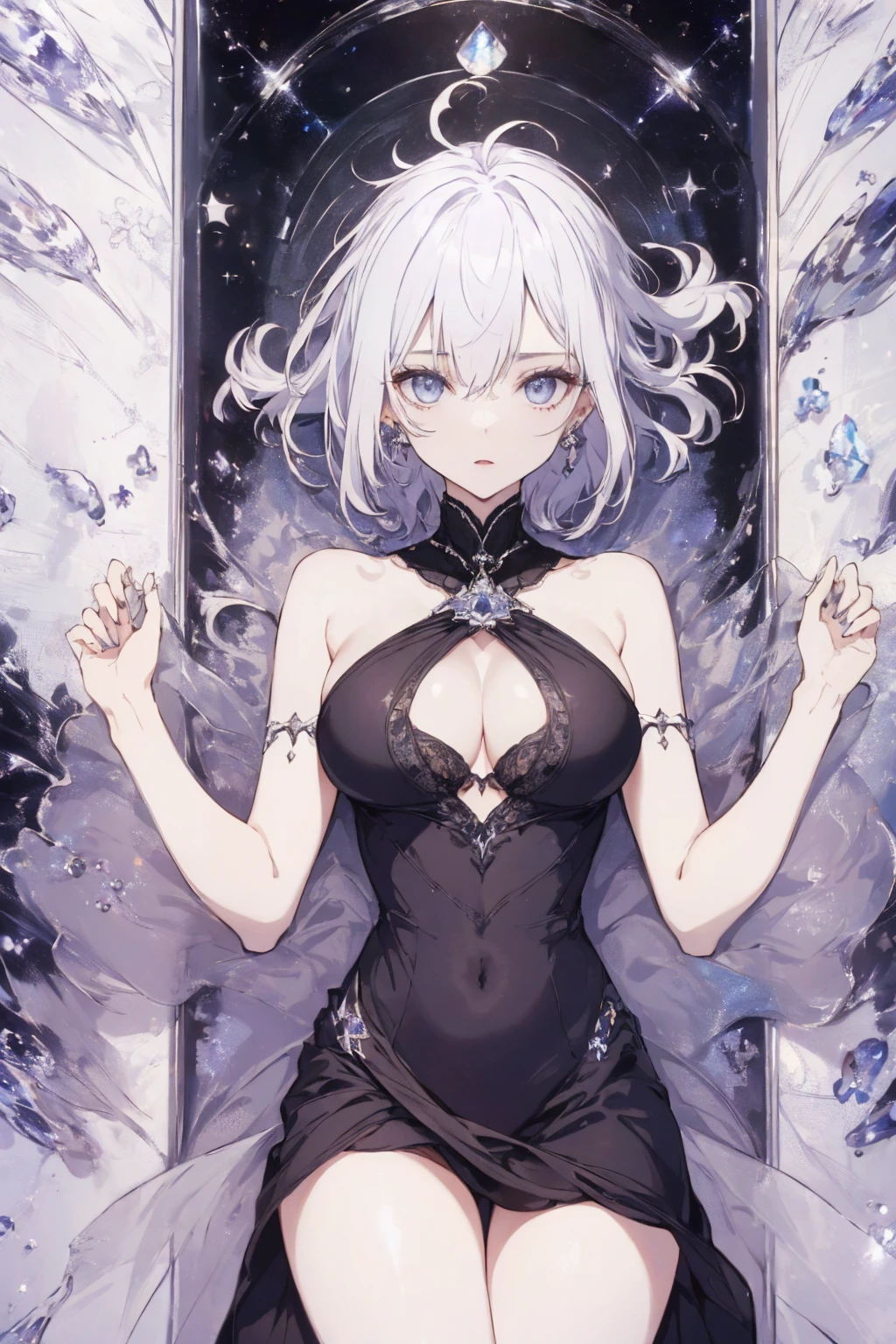(boob photo:1.1, in white waterfront:1.5), Masterpiece, best quality, (very detailed CG unity 8k wallpaper), (best quality), High definition RAW color art, Animation,sculptures, (black Marble Skin), (((Ultra detailed elegant))), Magical atmosphere, Detailed skin, Texture,(Intricately detailed, Fine detail, ultra-detail art), depth of fields, bokeh, Silky Touch, Hyper Detail, beautiful eyes, Elegant Face, (lying on white glass floor), sparkle background, enormous breast:1.3, (silver hair), pastel purple, embarrassing face, short hair, complex