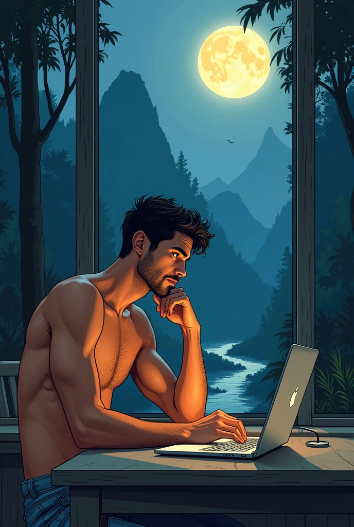illustration that evoke stoicism men from 25 years old, shirtless, barefoot, strong, slim body Importance of Reason Style: Scientific realism, with a focus on detail and precision. Color palette: Cool, neutral tones (navy blue, gray, white) to convey clarity and objectivity. Expression: A concentrated and determined gaze, brow slightly furrowed in thought. Setting: A young strong handsomen cinnamon sking, man tipying on an orange laptop background you can see a see a window to see the jungle in the night, full moon, river, mountain rain, thonders