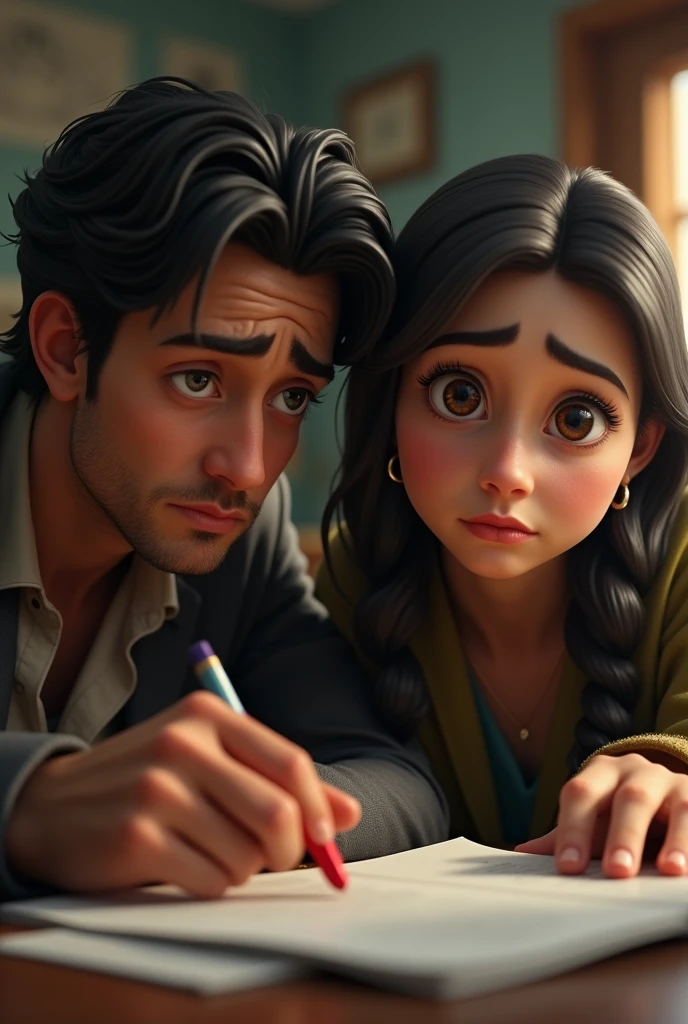 A sad  couple at a bank, close look to their face, portrait,3d, pixar disney style, cinematic masterpiece, aesthetic 