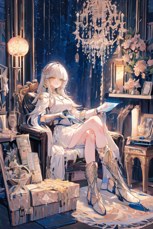 full_body,armor_bikini,armor_gloves,armor_boots,garter_belt,necklace,earrings,pubic_tatoo,moonlight,starlight,forests,stary_sky,beautiful_sky,beautiful_forests,fog,blush,night,campfire,sitting_on_chair,beautiful_black_and_bronde_multicolored_hair,beautiful_yellow_eyes,1_beautiful_girl,cute_face,pretty_face,beautiful,perfect_quality,perfect_anatomy,perfect_body,masterpiece,