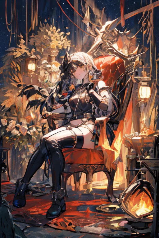 full_body,armor_bikini,armor_gloves,armor_boots,garter_belt,necklace,earrings,pubic_tatoo,moonlight,starlight,forests,stary_sky,beautiful_sky,beautiful_forests,fog,blush,night,campfire,sitting_on_chair,beautiful_black_and_bronde_multicolored_hair,beautiful_yellow_eyes,1_beautiful_girl,cute_face,pretty_face,beautiful,perfect_quality,perfect_anatomy,perfect_body,masterpiece,