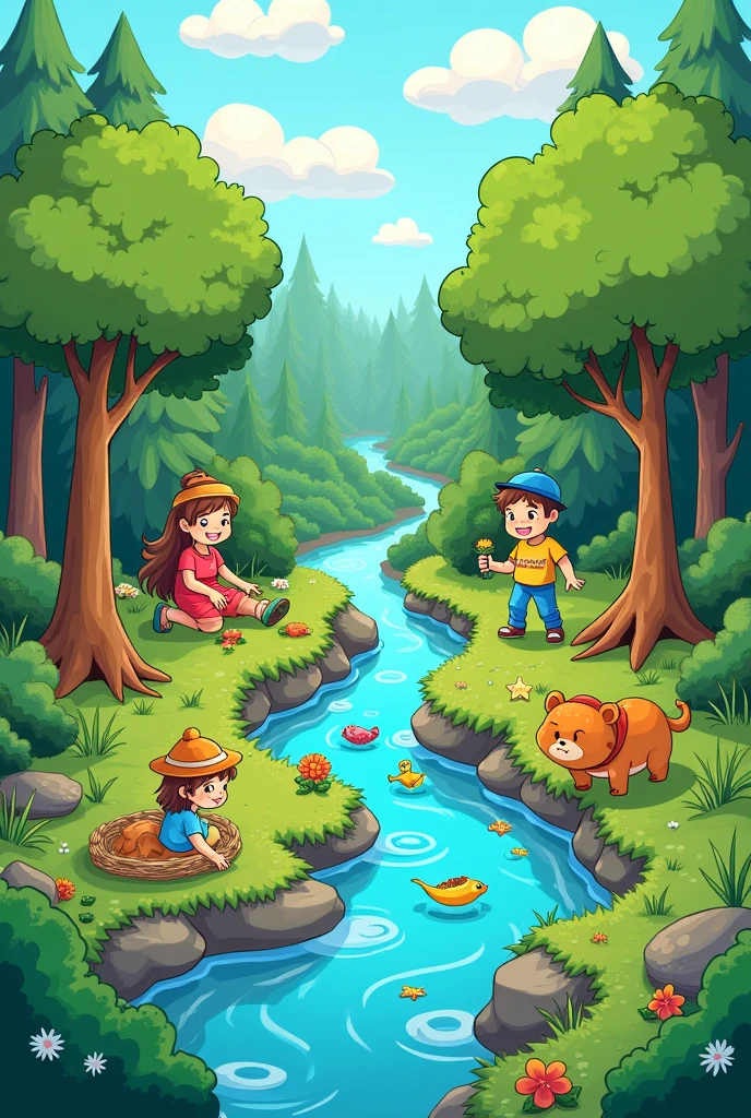 Give me a cartoon taking into account the topic: The relationship between humans and the ecosystem This relationship has 3 types of relationship:
1. Dependency 2. Impact 3. Conservation Dependence Humans need ecosystems to obtain resources such as food, water and oxygen Impact Humans can alter ecosystems through deforestation, Pollution and overexploitation of resources Conservation Humans can protect and conserve ecosystems through sustainable practices and the protection of natural areas.
