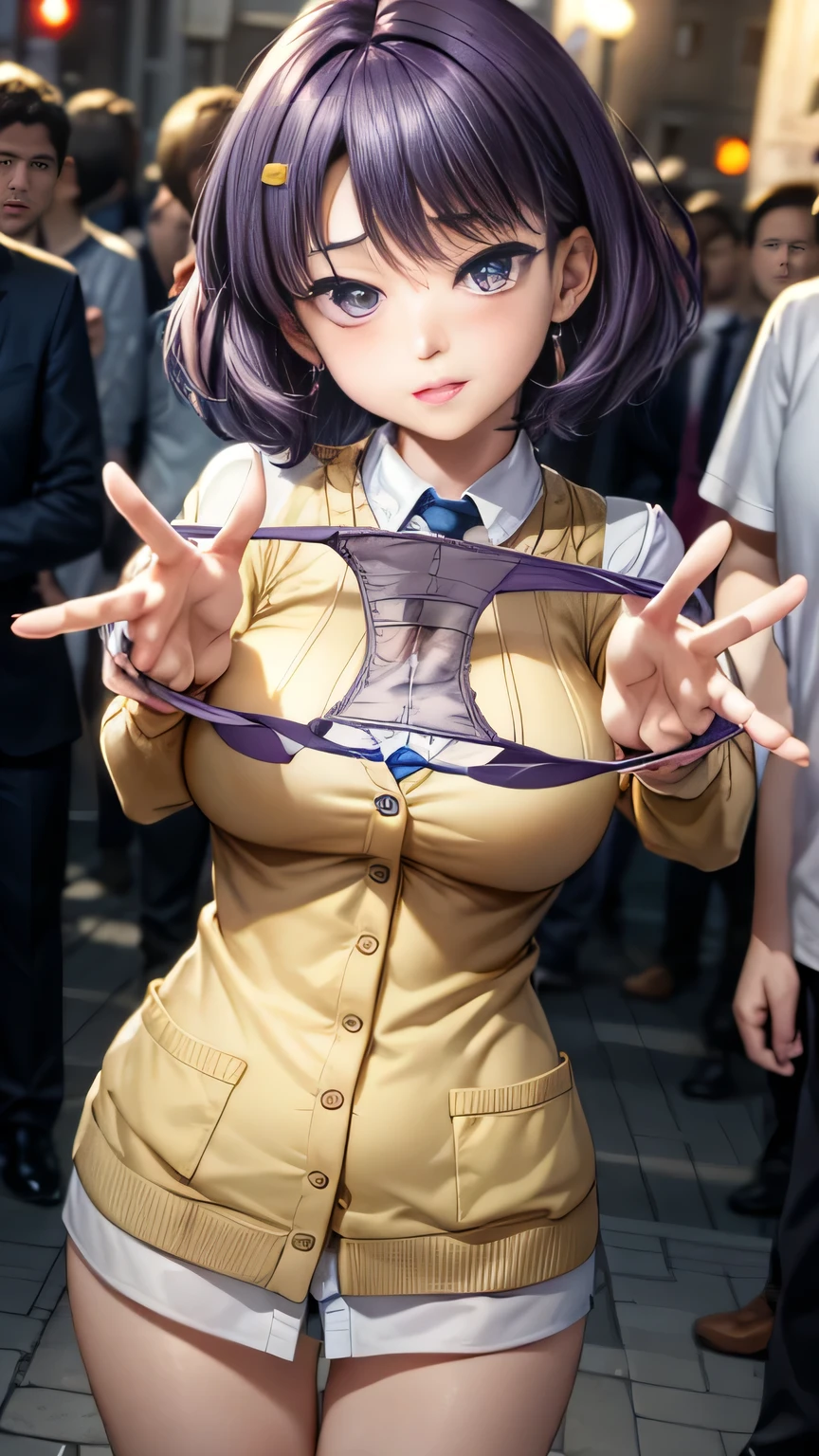 (Very detailed CG Unity 8K wallpaper),(masterpiece), (Highest quality), (Very detailed), (Best illustrations),(Best Shadow)、Large Breasts、crowd、A lot of men、Embarrassed and blushing。Purple eyes and very short purple hair、White blouse、Blue tie、Checked he is spreading her underwear open with both hands to show it off(Sheer sexy underwear)、Beige cardigan、Dynamic Angle