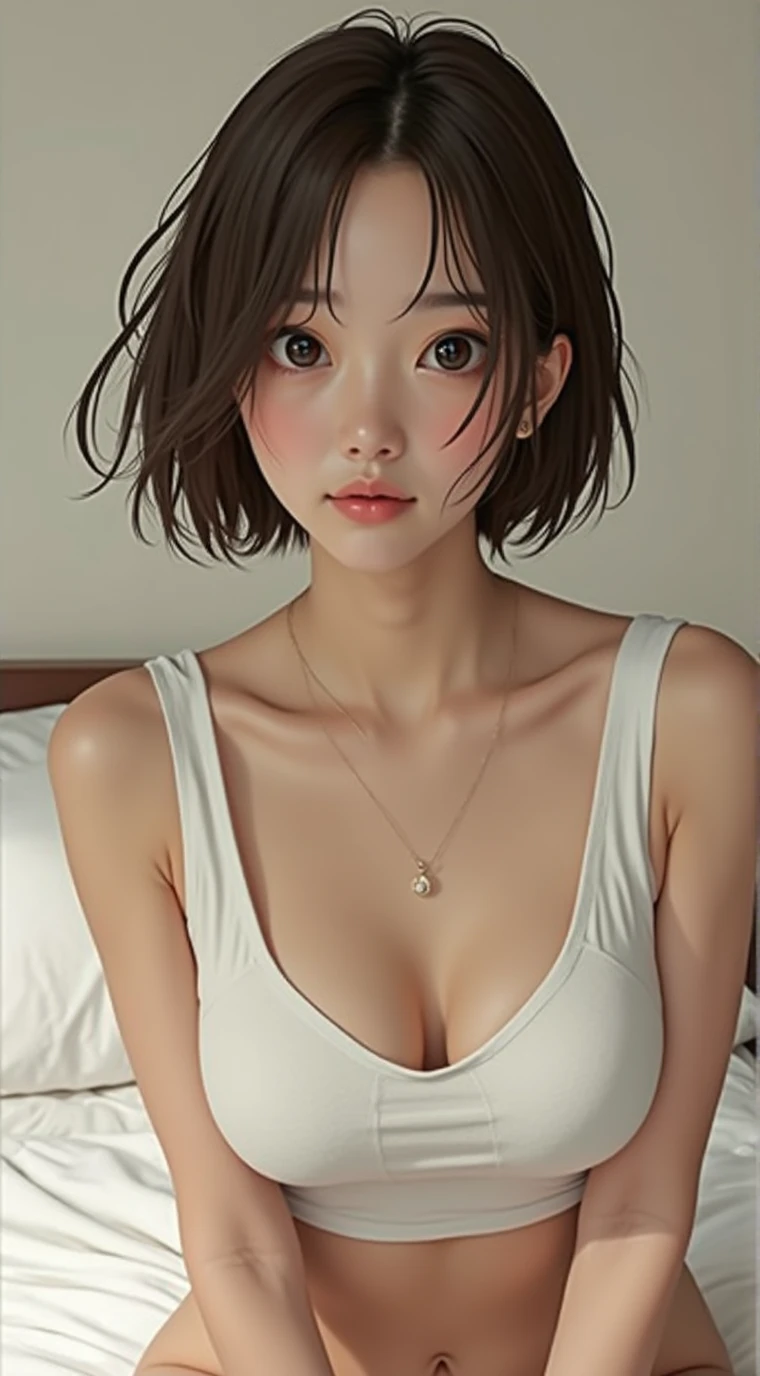 1 girl、Real Skin、(short hair:1.1)、Berry short hair、(Photorealistic:1.1)、beautiful women、Revealing clothing、Natural look、Independent、beautiful、beautiful women、Professional Writing、Photon Mapping、Radio City、Physically Based Rendering、、Gradient black hair、girl、Highest qualityの画像、High resolution、1080P、(Clear Face)、(Detailed facial depiction)、(Detailed hand drawing) )、(masterpiece)、(Detailed CG)、Extreme light and shadow、Masterpieces、Rich details、(Detailed facial features)、(Highest qualityの画像)、(masterpiece)、(Detailed eyes)、Pale light blue lingerie、Small breasts、Small breastsボディ、slim、Japanese 19 year old  in underwear。Sheer lace lingerie。Highest quality、Shine, beautiful skin、beautiful目、Small breasts。Narrow shoulders、Small breasts、Narrow waist、Thin ass、beautiful thighs、Thin thighs。Small Ass。Narrow waist。Thin ass、Narrow waist、Underwear that digs into、Professional Writing、natural finger、Sexy pose、There is a gap between the thighs。whole body。Thin legs。Show off your inner thighs、Spread your legs。Toothless smile。The face and body are in proportion to that of an Asian model..。