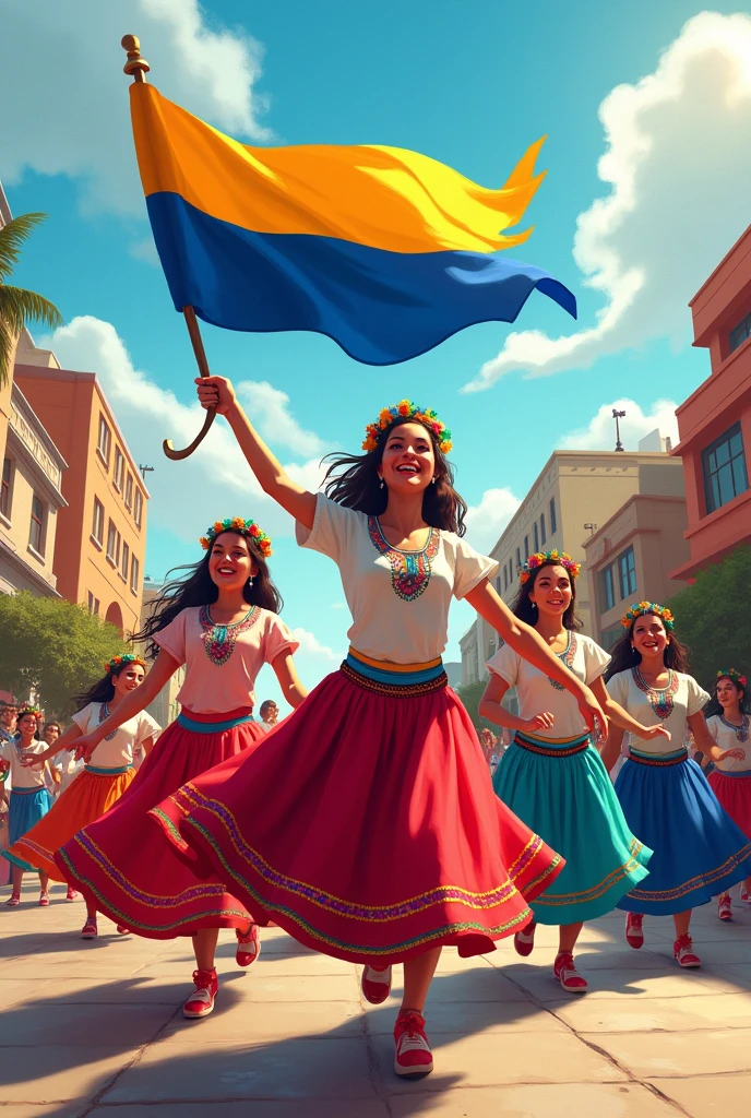 YOU CAN CREATE AN ILLUSTRATION OF PEOPLE PARADING WITH THE FLAG OF EL SALVADOR, HAPPY AND WITH TRADITIONAL COSTUMES