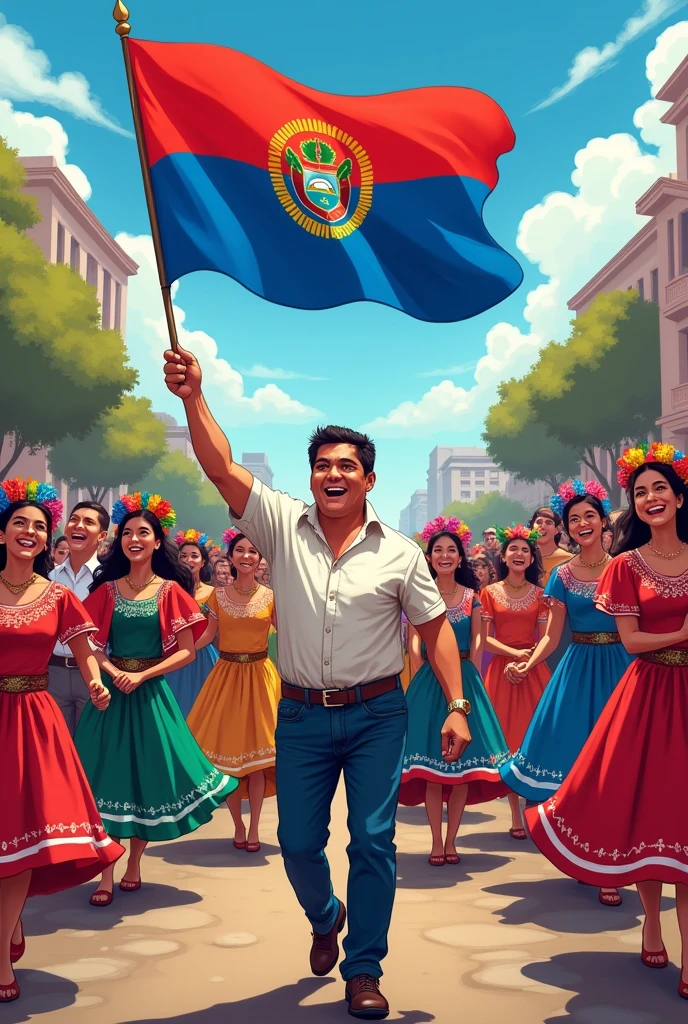 YOU CAN CREATE AN ILLUSTRATION OF PEOPLE PARADING WITH THE FLAG OF EL SALVADOR, HAPPY AND WITH TRADITIONAL COSTUMES