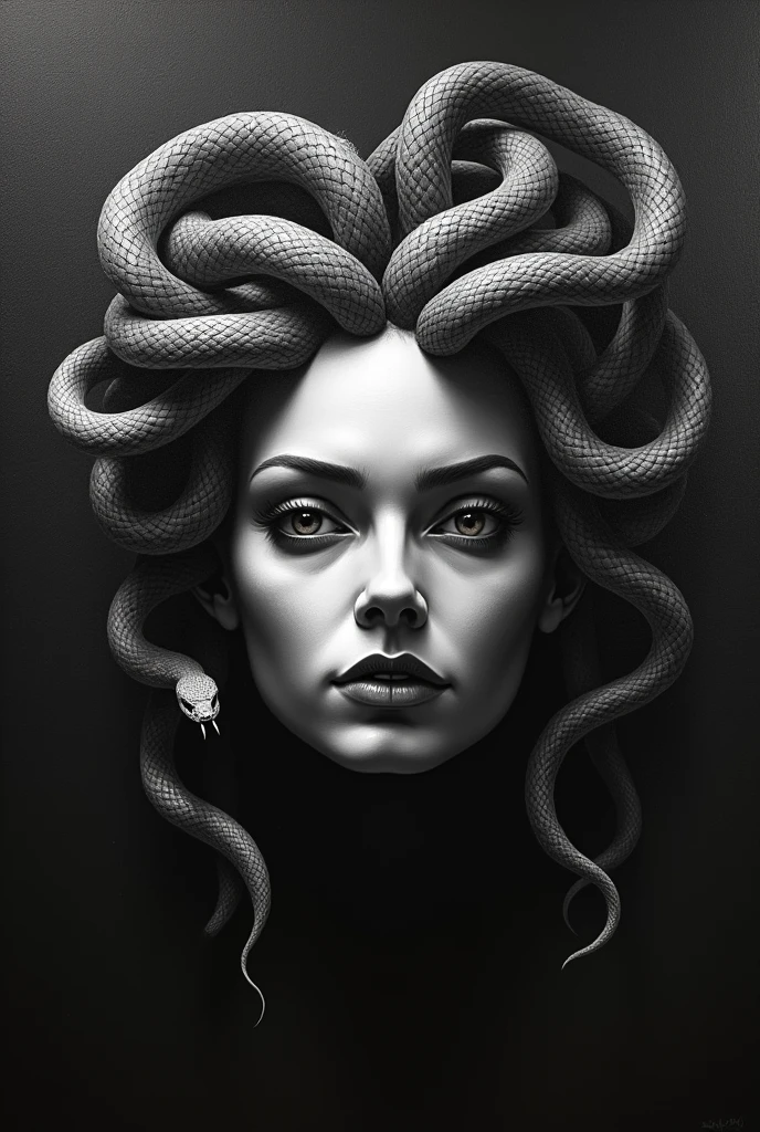 I want you to make a black and white oil painting of the face of the goddess Medusa