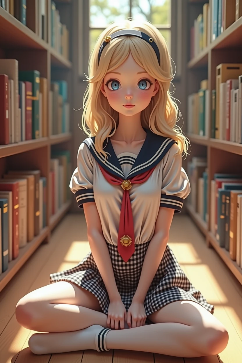 (Masterpiece), (Realistic), (best quality), (8K), ultra-detailed, UHD, RAW, Scandinavian (young adult 18) woman, very cute woman, innocent woman, tan:1.4, round, realistic blonde hair, thin:1.3 arched eyebrows, realistic symmetric {blue:1.2} eyes, thin almond upturned eyes, round:1.4 cheeks, thin beautiful symmetric nose, small face, cheek dimples:1.4, arched chin, broad jaw, 150cm feminine body, wearing ({checkered navy_blue and white} micro mini skirt) and ({white} shirt) and ({red} mini tie), (navy_blue hairband), (white) stockings, socks, thigh highs, friendly and cute expression, at the library, sitting on the floor, knees apart, feet visible