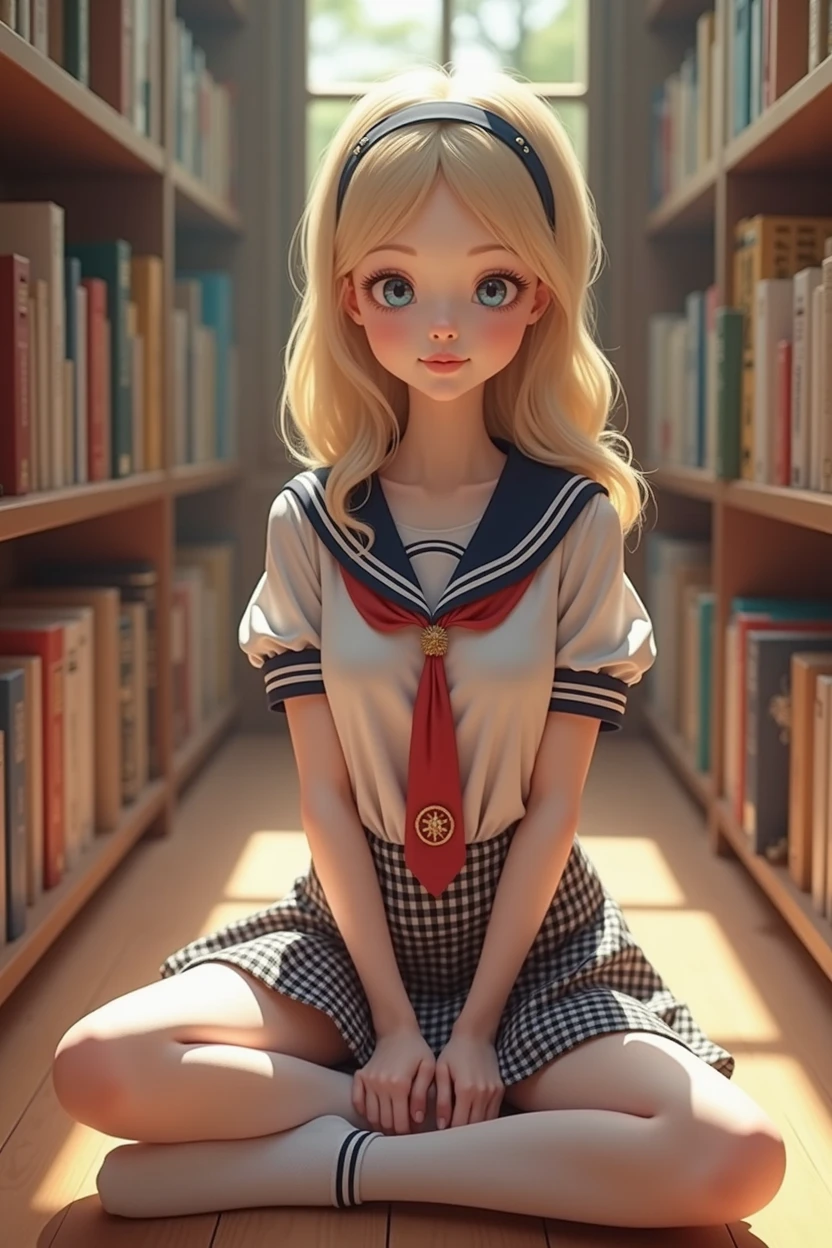 (Masterpiece), (Realistic), (best quality), (8K), ultra-detailed, UHD, RAW, Scandinavian (young adult 18) woman, very cute woman, innocent woman, tan:1.4, round, realistic blonde hair, thin:1.3 arched eyebrows, realistic symmetric {blue:1.2} eyes, thin almond upturned eyes, round:1.4 cheeks, thin beautiful symmetric nose, small face, cheek dimples:1.4, arched chin, broad jaw, 150cm feminine body, wearing ({checkered navy_blue and white} micro mini skirt) and ({white} shirt) and ({red} mini tie), (navy_blue hairband), (white) stockings, socks, thigh highs, friendly and cute expression, at the library, sitting on the floor, knees apart, feet visible